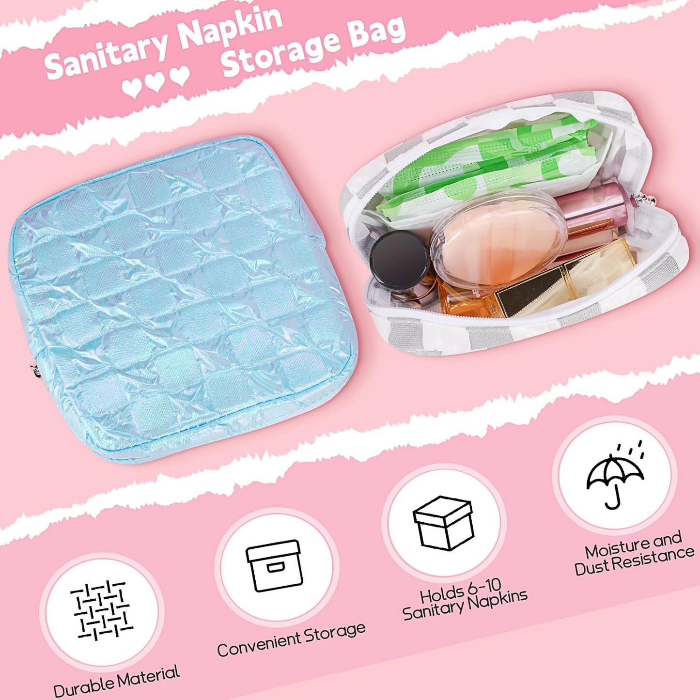 Desing Wish Sanitary Napkin Storage Bag Polyester Fabric Period Bag for Teen Girls Sanitary Pad Pouch for Sanitary Napkins/Tampons/Panty Liners Privacy Protector Pad Bag (Bubble-Check, White)