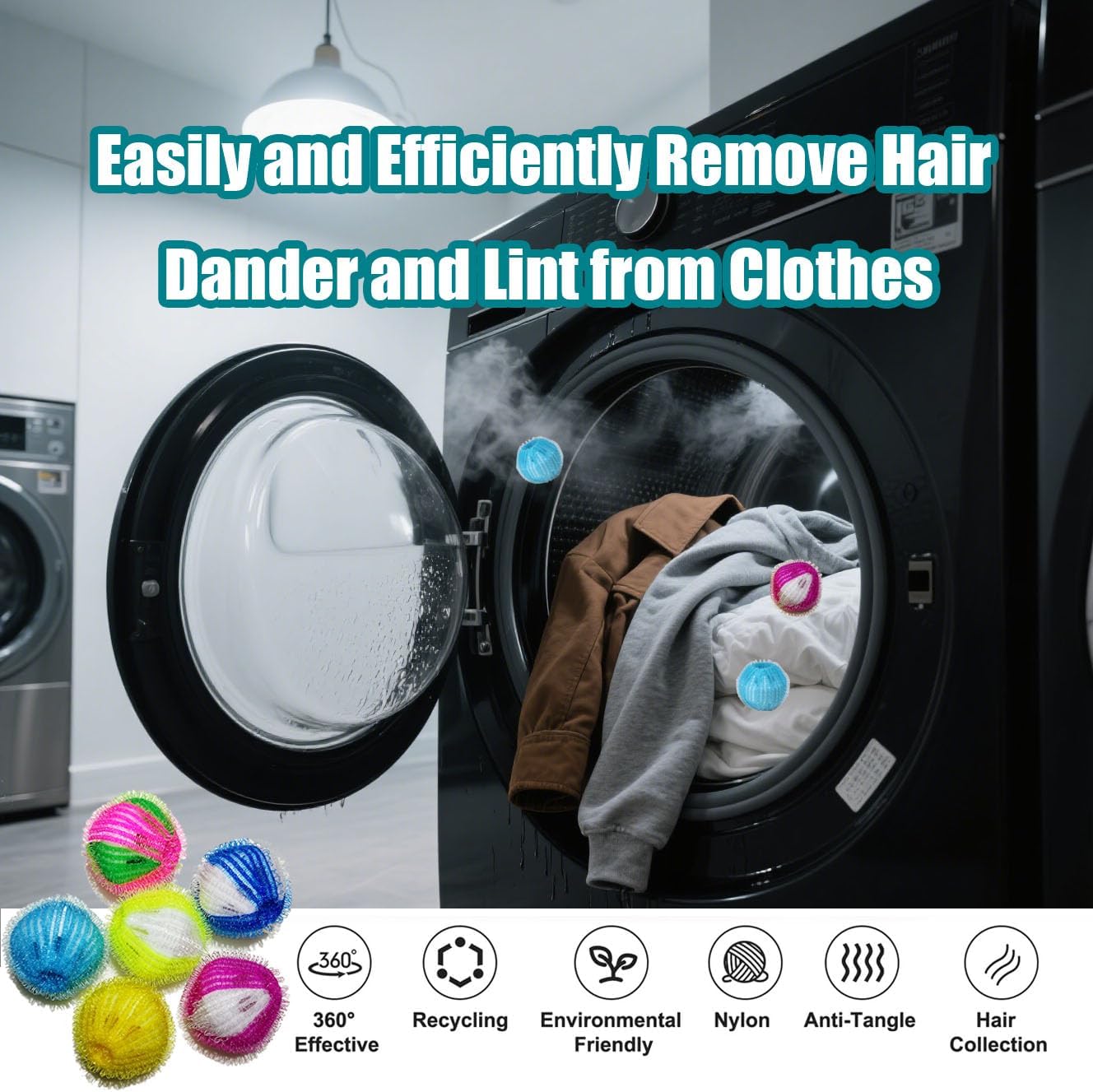 Lint Remover Balls for Laundry, 6-Pack Nylon Laundry Balls - Prevent Tangling, Collect Hair & Lint, Reusable Washing Machine Helper (6 Colors Mixed)