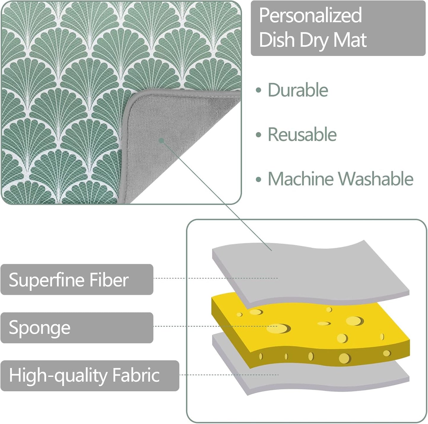 SHIYUE Dish Drying Mat for Kitchen Counter Super Absorbent Spring Kitchen Decor Microfiber Drying Matainers Rack Fast Pad Dish Drainer Mats(Green Shell Geometric,16''x18'')