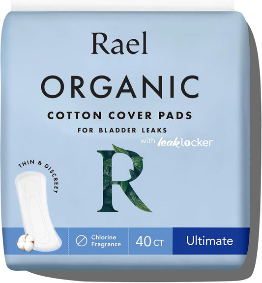 Rael Incontinence Pads for Women, Organic Cotton Cover, Postpartum Essential, Heavy Absorbency, Bladder Control, 4-Layer Core with Leak Guard Technology, Long Length (Ultimate, 40 Count)
