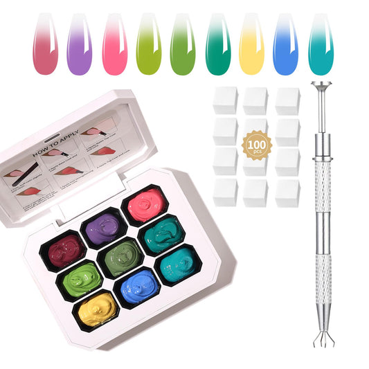 9 Colors Set Ombre Gel Nail Polish,Gradient Painting Gel for Nails with 100Pcs Nail Sponges for 3D Nail Art in Salon or Home Use(omber-04)