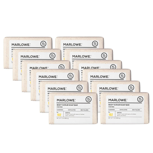 MARLOWE. No. 102 Body Scrub Soap 7 oz (12 Bars), Santal, Exfoliating Soap Bar with Shea Butter, Olive Oil & Green Tea Extracts, Cleanses, Smooths & Revitalizes Skin, Warm Amber, Spice & Citron Scent