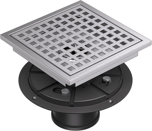 Square Shower Floor Drain with Flange, 6 Inch Brushed Nickel Shower Drain Hair Catcher, SUS304 Stainless Steel Floor Drain Strainer, Shower Drain Cover