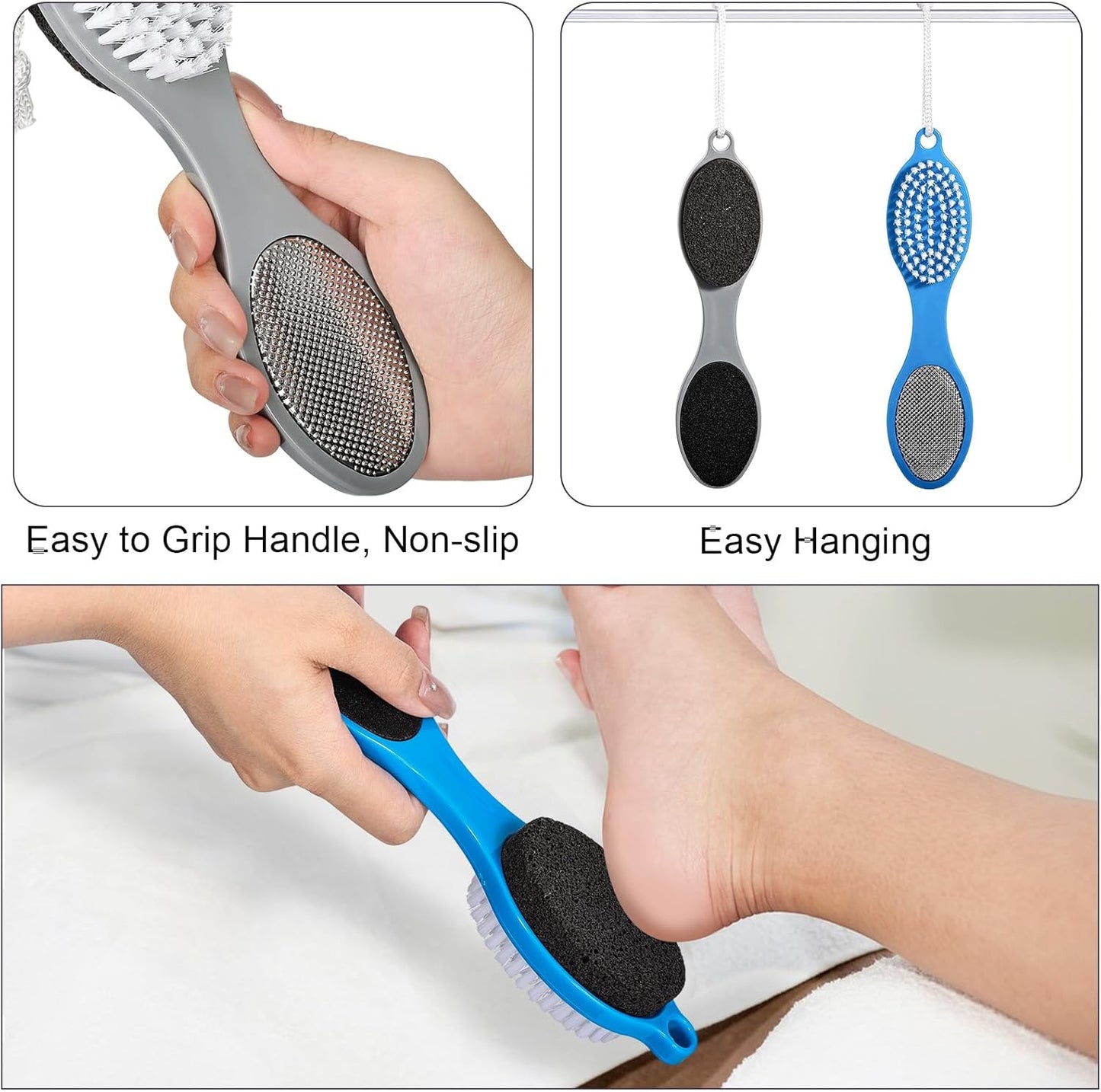 Pumice Stone Brush for Feet 4 in 1, Foot File Callus Remover, Foot Rasp and Sand Paper Pedicure Tools with Handle, Shower Foot Scrubber, Soft Smooth Feet for Home Foot Care,2 Pack