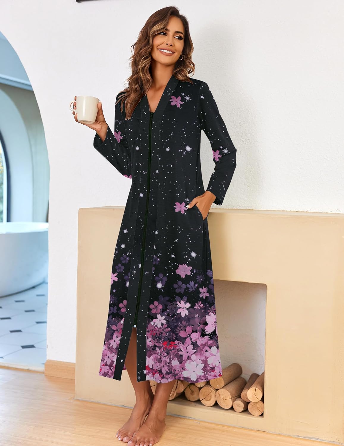 Ekouaer Women Zipper Robe Long Sleeve Loungewear Lightweight Housecoat Full Length Nightgown with Pockets