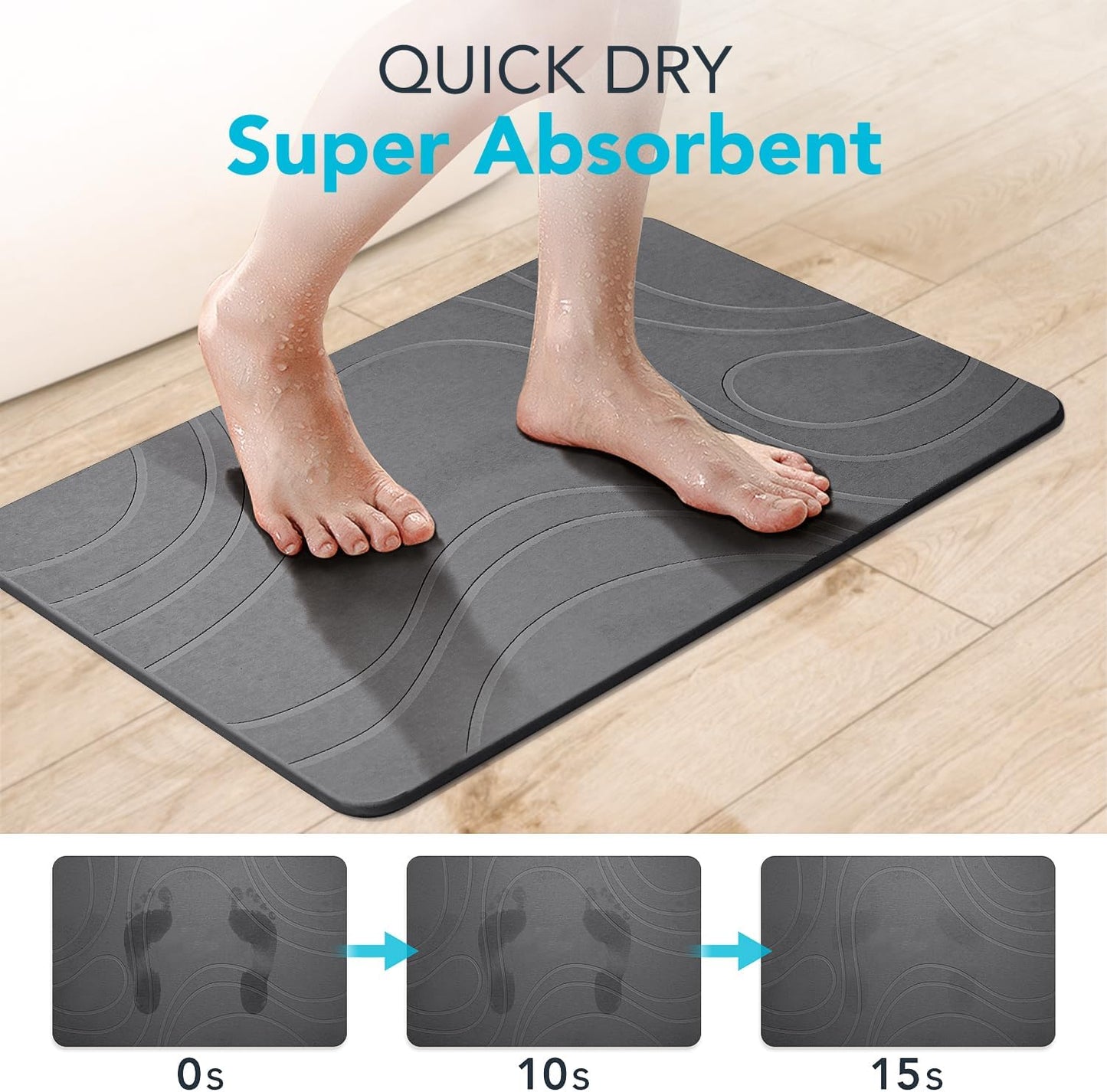 Quick Dry Stone Bath Mat for Bathroom Non Slip Diatomaceous Earth Shower Bath Mat, Magic Super Absorbent Diatomite Stone Water Absorbing Bathmat Bathroom Shower Floor Mat Grey