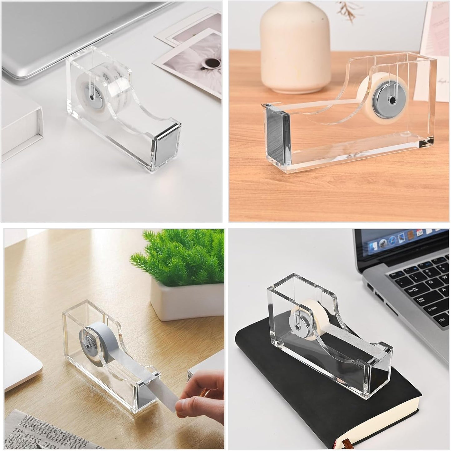 Acrylic Tape Dispenser, Transparent Office Tape Dispenser Desk, Non-Slip Rubber Holder Buttom, Morden Accessory for Stylish Desk at Home, School, Office-Silver