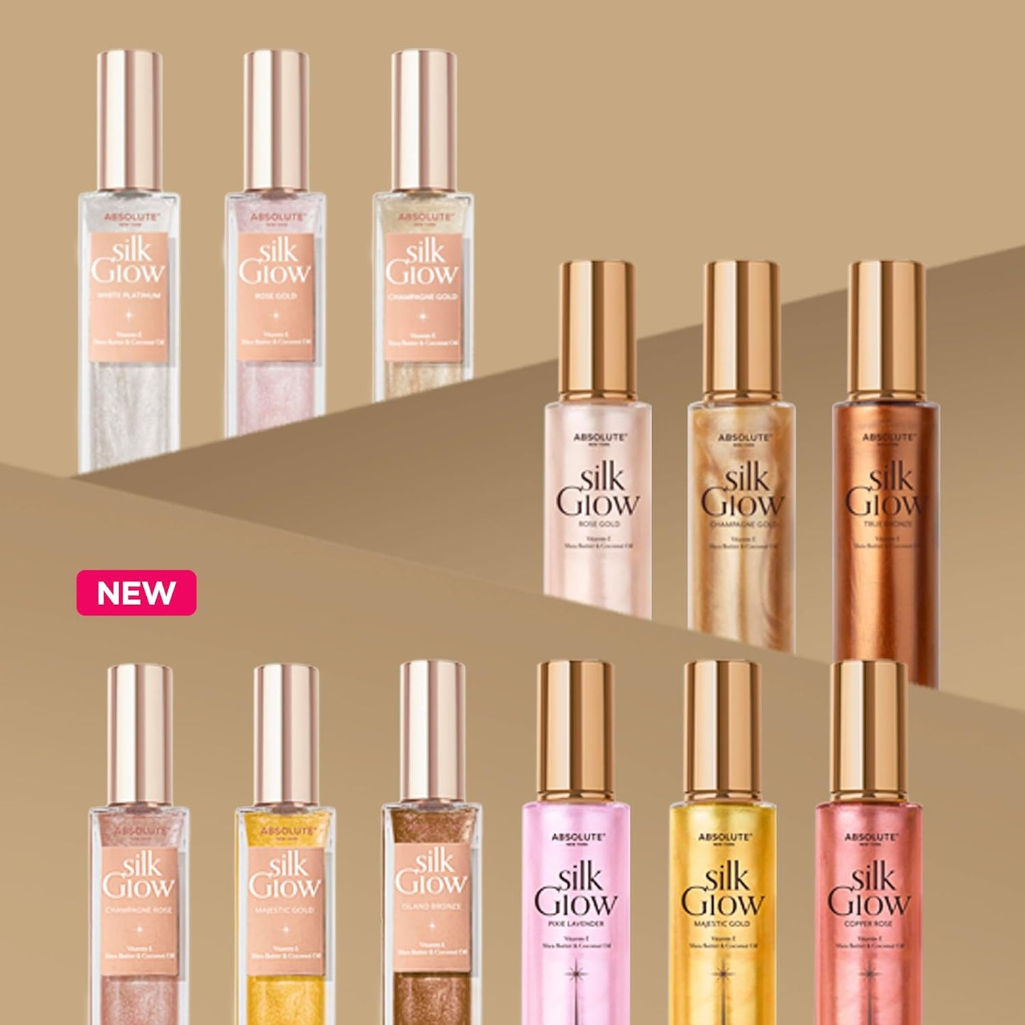 Absolute New York - Silk Glow Shimmer Mist Glow, Radiant, Shimmer Body & Face & Hair, Shea Butter, Coconut Oil, Vitamin E (SBGS15 Majestic Gold Gel, 3.4 fl oz)