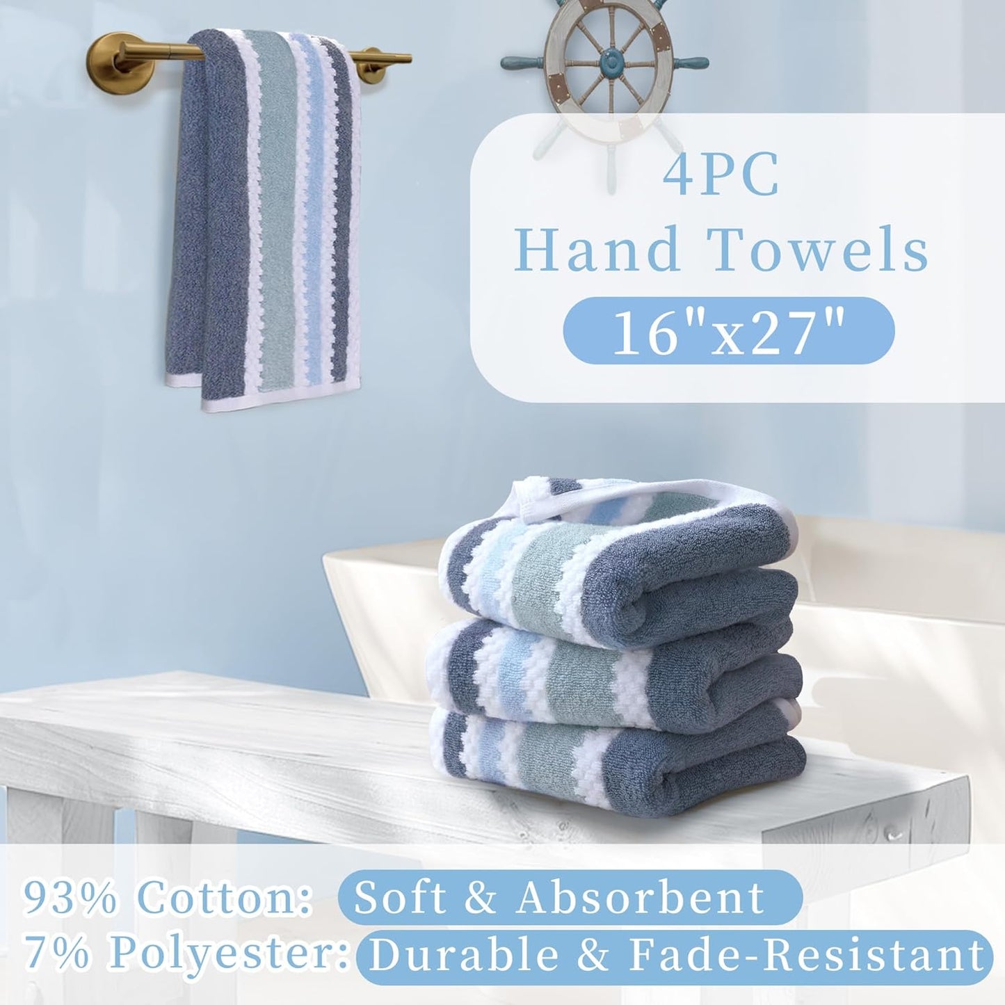 Waffle Hand Towels, 4PC 16"x27" - Cotton Polyester Blend | Quick Dry | Absorbent | Lightweight | Thick | Soft | 500GSM, Striped Hand Towel, Durable Towel for Bathroom, Blue Gray Stripe & White Checker