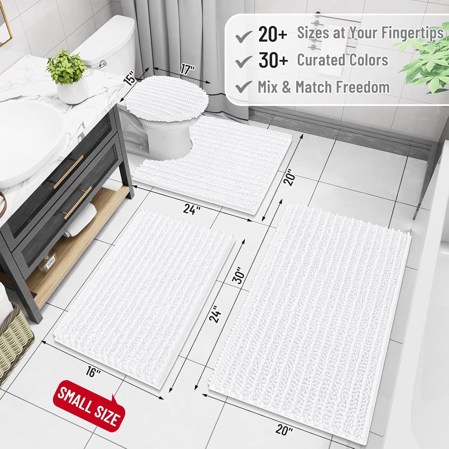 Arotive Luxury Chenille Bathroom Rug Mat, Extra Soft Thick Absorbent Shaggy Bath Rugs, Non-Slip Machine Wash Dry, Plush Bath Mats for Bathroom, Shower and Tub, 47x20, White