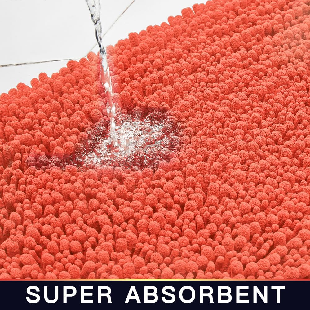 Walensee Bathroom Rug Non Slip Bath Mat (24x17 Inch Coral) Water Absorbent Super Soft Shaggy Chenille Machine Washable Dry Extra Thick Perfect Absorbant Best Small Plush Carpet for Shower Floor