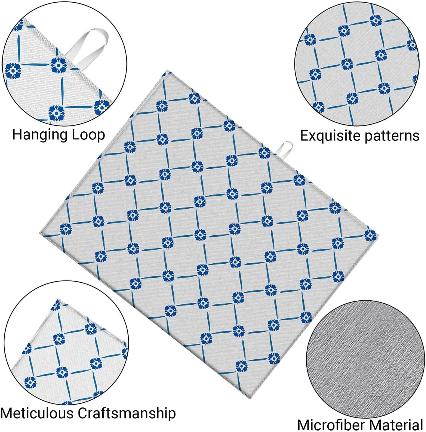 Dish Drying Mat For Kitchen Counter, Blue Floral Microfiber Absorbent Dish Drainer Rack Pad Reusable Large 18x24in Drying Mat