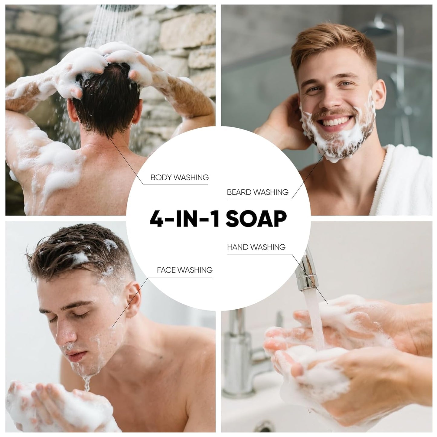 Rinse & Robust Mens Charcoal Soap Bar Set, 4Pcs Natural Handmade Bar Soap with Sea Salt, Peppermint, Shea Butter & Activated Carbon, Ocean Scent Deep Cleansing Soap | 5.3 oz of 4 Bars