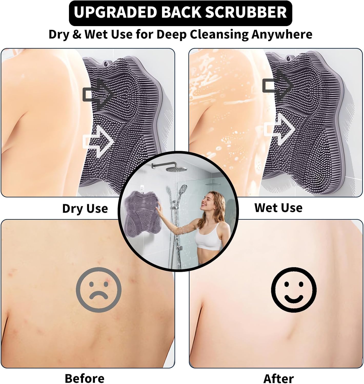 Show Foot Scrubber Mat & Silicone Back Scrubber with Butterfly Form Design,3 Brush Designs for Deep Cleaning Shower Foot Scrubber Mat, Wall Mounted Back Scrubber Silicone Bath(Grey)