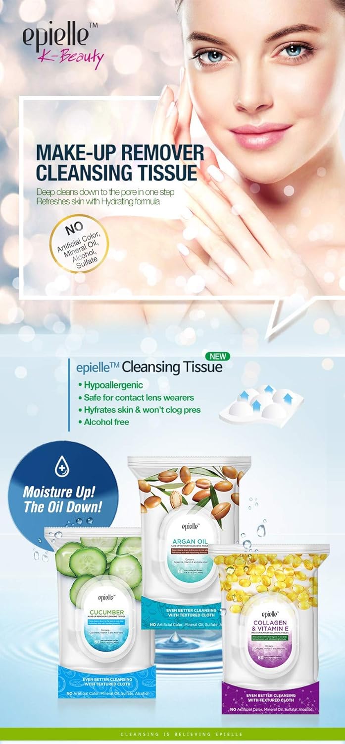Epielle Tea Tree Makeup Remover Wipes, Gentle Daily Facial Cleanser Towelettes, Remove Dirt, Oil & Waterproof Mascara, Hypoallergenic & Alcohol-Free, 60 Count (Pack of 2)