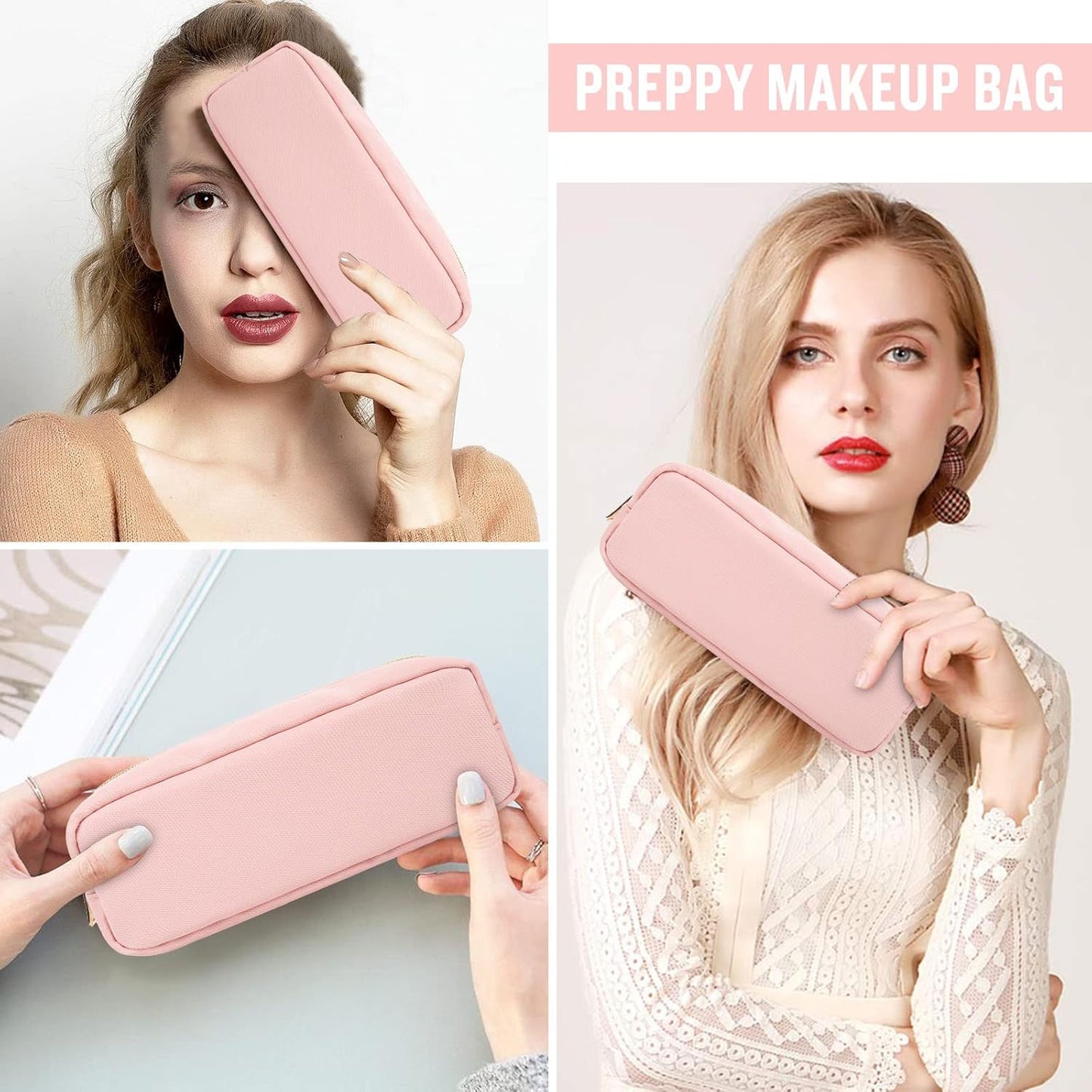 Nylon Slim Makeup Bag, Preppy Cute Makeup Brush Bag Pink Makeup Organizer for Women Men Girls - Waterproof Travel Toiletry Cosmetic Zipper Pouch