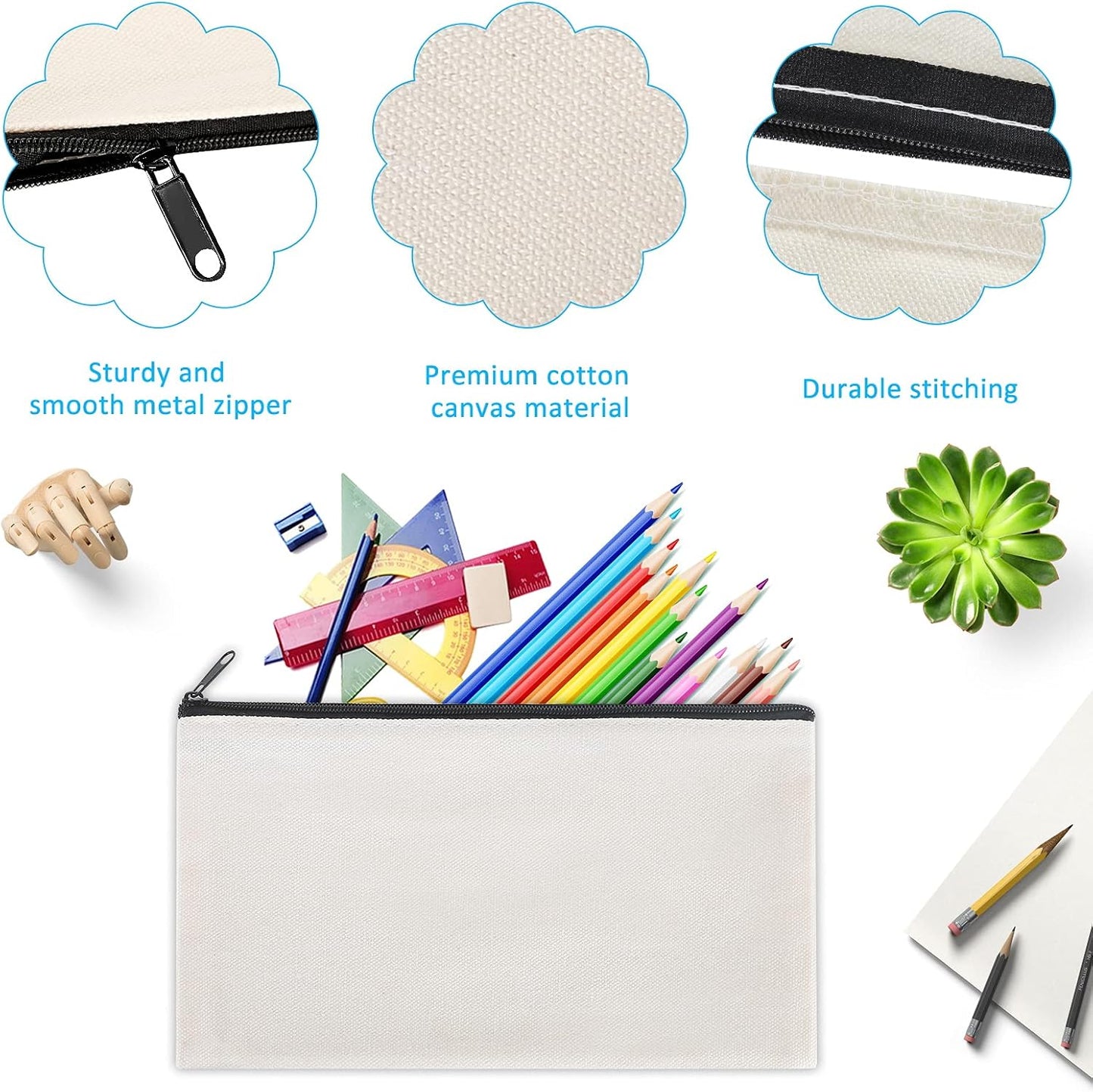 12 Pieces White Cotton Canvas Makeup Bag, Multipurpose Cosmetic Bag with Zipper Travel Toiletry Pouch, Blank DIY Craft Bag (White, M)