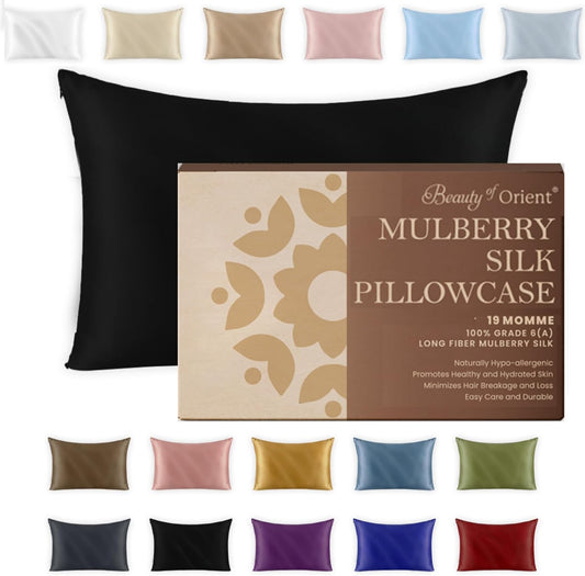 19 Momme Premium Mulberry Black Silk Pillowcase for Hair and Skin | Handcrafted Hypoallergenic & Anti-Acne 100% Silk Pillow Cases with Zipper | Queen - 20" x 30", Midnight