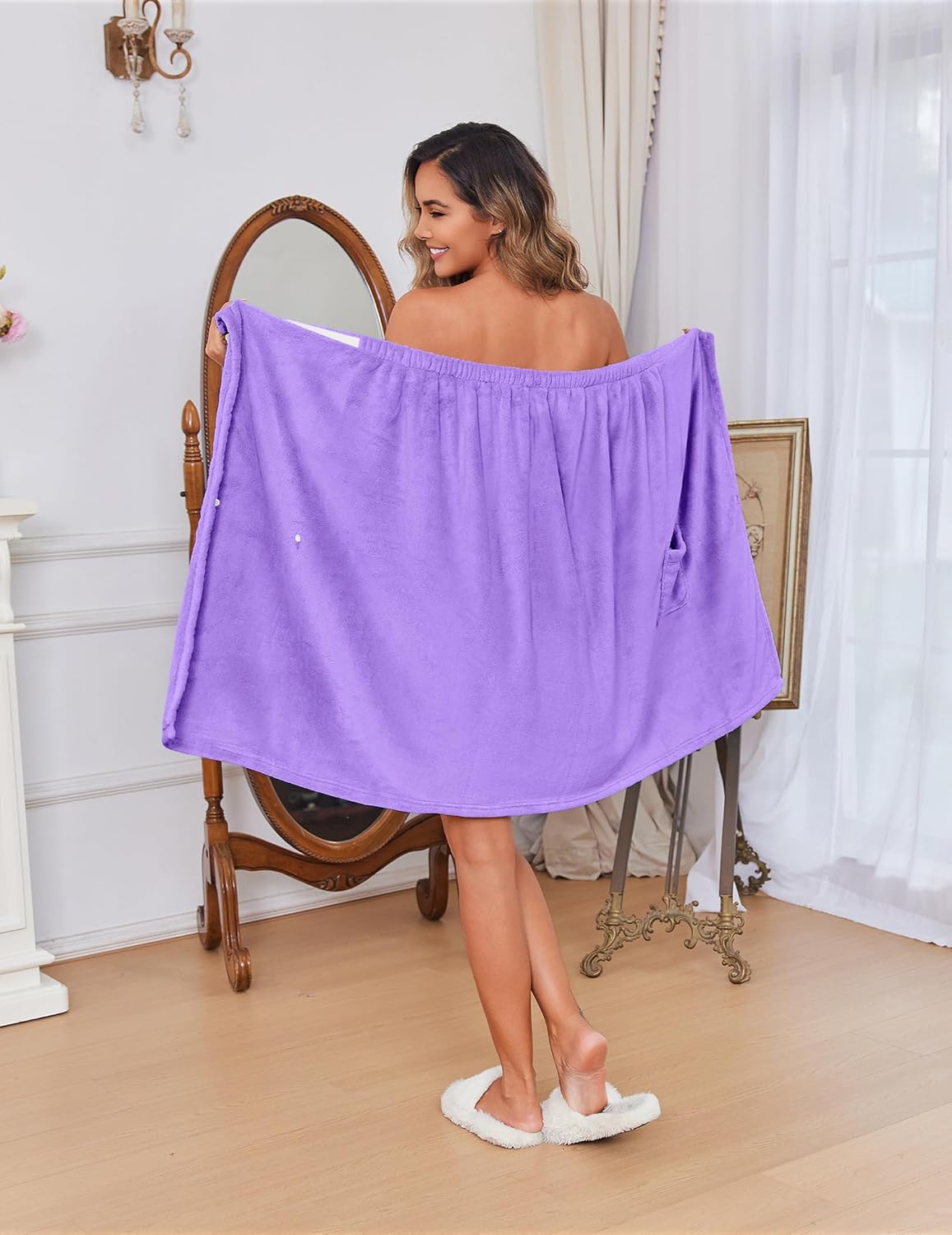 Ekouaer Women's Plush Towel Wrap Soft Lightweight Shower Wrap Absorbent Spa Body Wrap Bath Robe with Velcro S-L