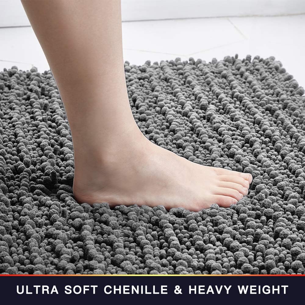 Walensee Bathroom Rug 2 Pieces Set Non Slip Bath Mat (17x24 Plus 20x32 Inch Grey/Gray) Water Absorbent Super Soft Shaggy Chenille Machine Washable Dry Extra Thick Perfect Carpet for Shower Floor