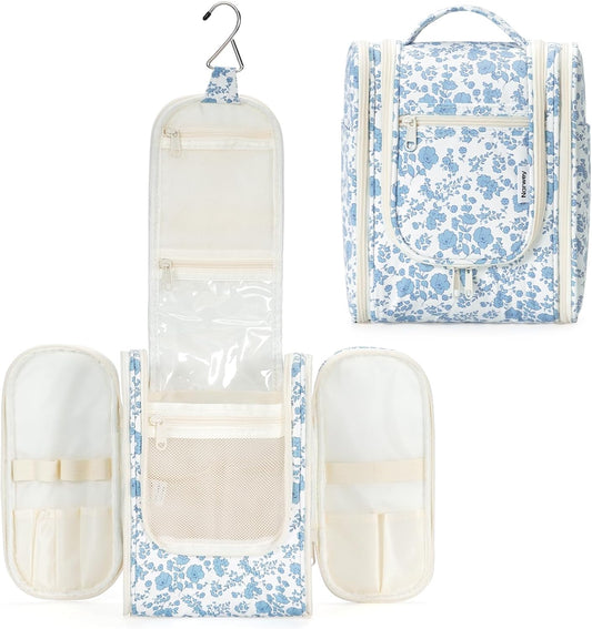 Narwey Hanging Toiletry Bag Women Travel Makeup Bag Organizer Toiletries Bag for Travel Size Essentials Accessories Cosmetics (Medium,Little Blue Flower)