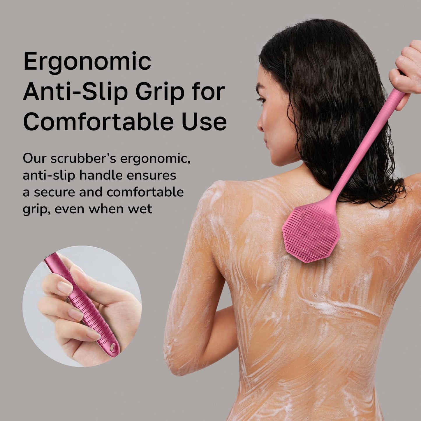 Silicone Back Scrubber with Long Handle - Octagon Body Brush for Shower, Bath, and Exfoliating - Skin Cleansing, Back Scrub and Gentle Silicone Sponge - Wash Your Body with Easy Reach - Rose