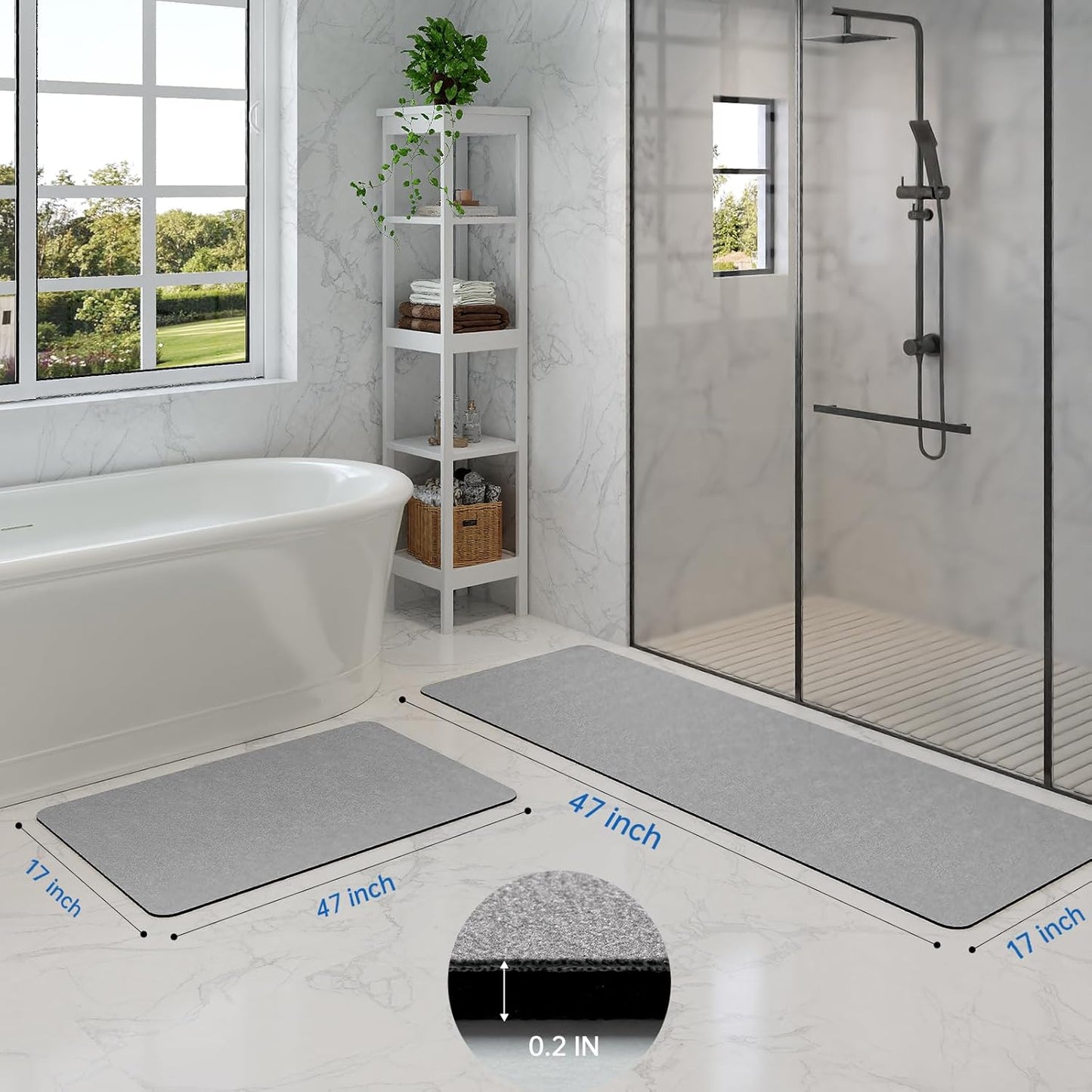 Bathroom Mat Rugs Sets 2 Piece - Quick Dry Super Absorbent Bath Mat for Bathroom Diatomaceous Earth Bathroom Rug with Rubber Backing Non-Slip Bath Mat Rugs for Shower Floor, 47x17 + 24x17, Grey