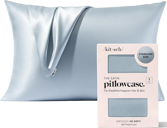 Kitsch Satin Pillowcase with Zipper for Hair & Skin, Softer Than Silk Pillow Cases Queen, Wrinkle-Free, Smooth and Cooling Satin Pillow Covers, Standard Size 19"x26", Haze Blue