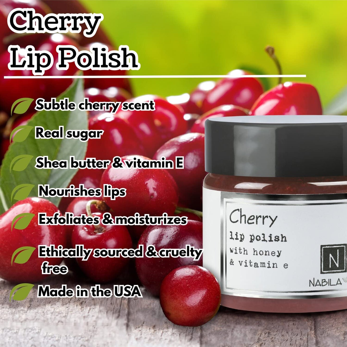 Cherry Lip Polish, 1 oz by Nabila K - Hydrating Lip Exfoliator & Moisturizer with Honey and Vitamin E for Dry and Chapped Lips - Cruelty-Free, Real Sugar, Made in USA