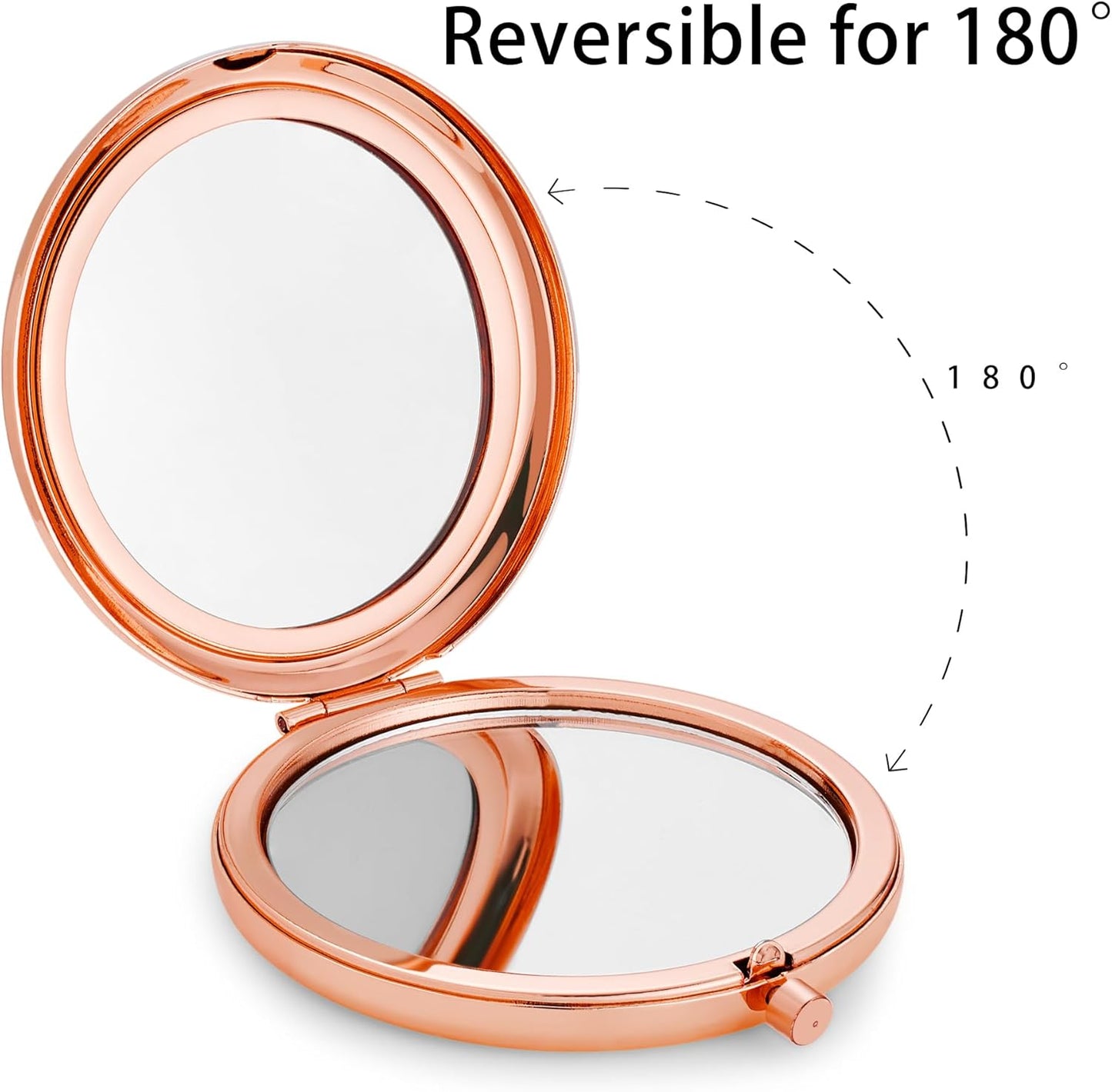 Compact Mirror, Pocket Travel Makeup Mirror for Purse, Metal Round Shell, 2-Sided 1X/2X Magnifying, Portable, Folding, Handheld, Rose Gold, 2 Pack