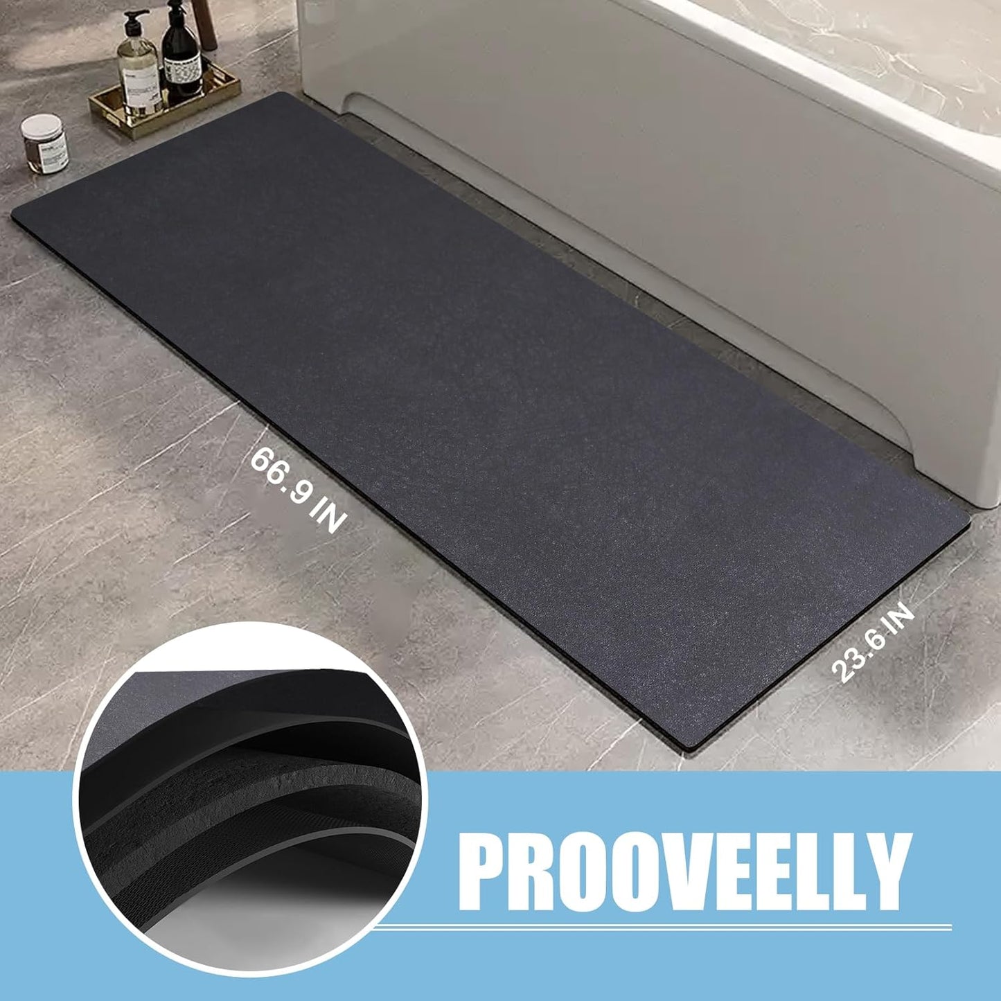 Diatomaceous Earth Bath mat Bathroom Rugs Super Absorbent Quick Dry Non Slip Bath Mat Thin Bathroom Floor Mats Fit Under Door-Shower Rug for in Front of Bathtub Shower, Dark Grey, 23.6"x66.9"