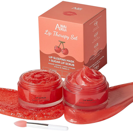 ANAI RUI Cherry Lip Scrub & Lip Mask Set, Vitamin E, Hyaluronic Acid & Shea Butter, Lip Scrubber Exfoliator,Hydrating Lip Mask Overnight, Sugar Scrub for Dry Chapped Lips, Stocking Stuffers for Women
