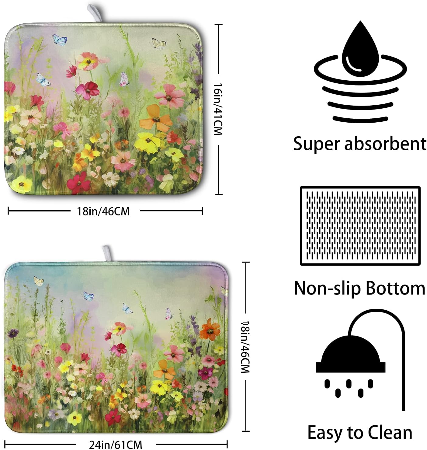 Spring Floral Dish Drying Mat for Kitchen Counter 16x18 Inch Sage Green Wild Flowers Drying Mats Spring Summer Plant Microfiber Absorbent Dish Rack Pad for Coffee Bar Sinks Home Accessories