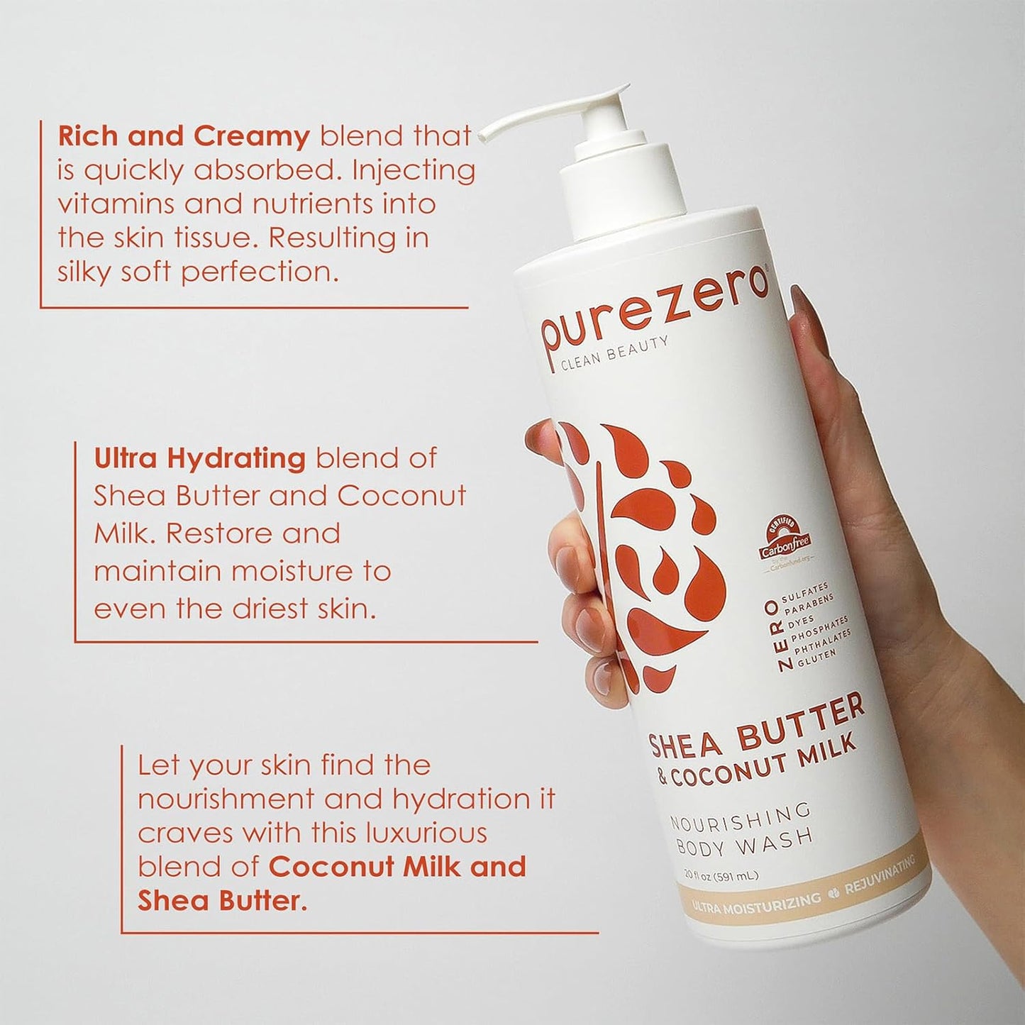 Purezero Shea Butter & Coconut Milk Body Wash, Leaves Skin Hydrated and Fresh, Maintain Elasticity and Smoothness, Zero Sulfates, Parabens, Dyes,100% Vegan & Cruelty-Free (20oz, 2 Pack)