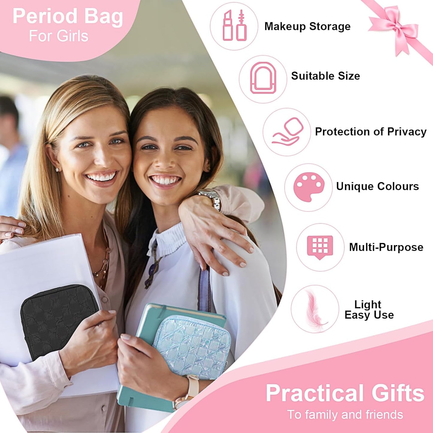 Desing Wish Sanitary Napkin Storage Bag Polyester Fabric Period Bag for Teen Girls Sanitary Pad Pouch for Sanitary Napkins/Tampons/Panty Liners Privacy Protector Pad Bag (Bubble-Check, Black)