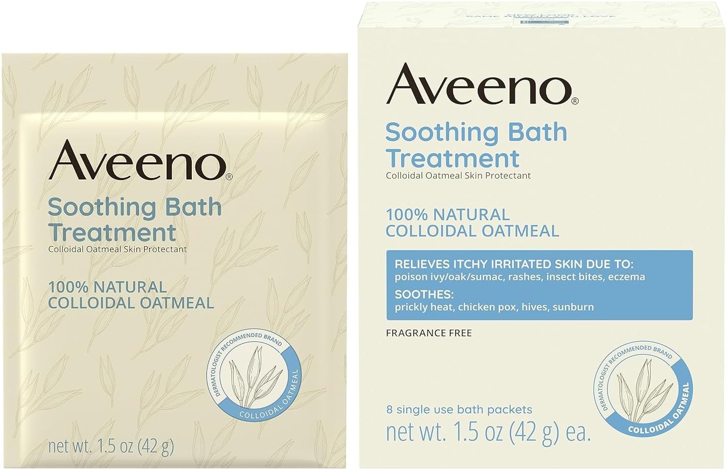 Aveeno Fragrance Free Soothing Bath Treatment, 100% Natural Colloidal Oatmeal, Sensitive Skin Bath Soak for Relief of Dry, Itchy, Irritated Skin Due to Eczema & Hives, Bath Packets, 8 ct. (Pack of 2)