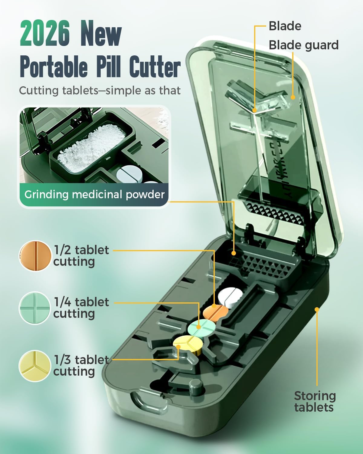 Pill Cutter Splitter for Small and Large Pills, 2026 Upgraded Portable Pill Cutter 1/4, 1/2 and 1/3 for Multiple Splitter Pills, Professional Pillss Cutting and Crusher with Storage Device (Green)