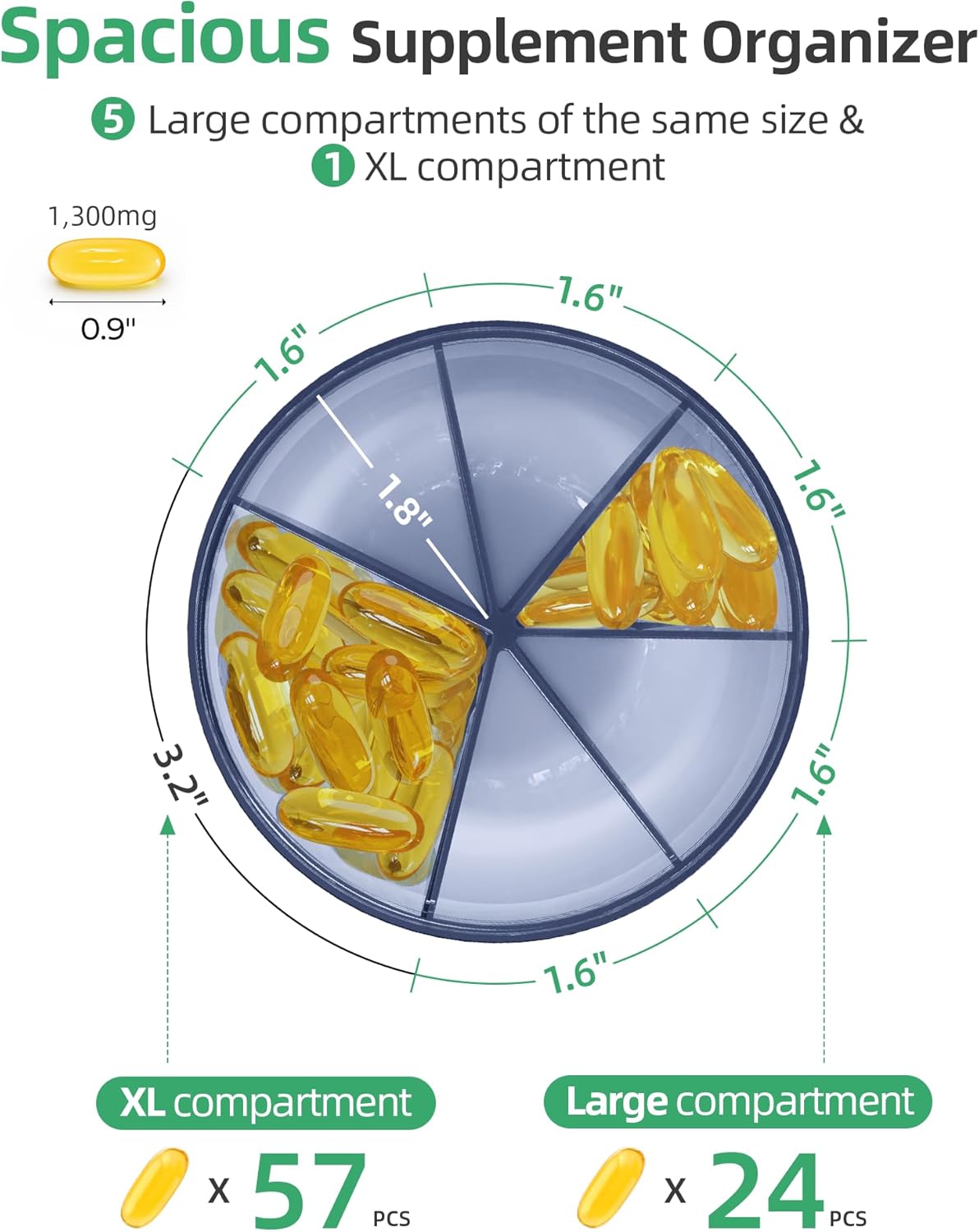 PULIV Large Pill Bottle Organizer, Supplement Organizer for Holding 6 Various Vitamins, Pill Box with Anti-Mixing & Wide Opening Design, Easy to Retrieve Meds and 20 Pcs Stick-on Labels, Business Blue