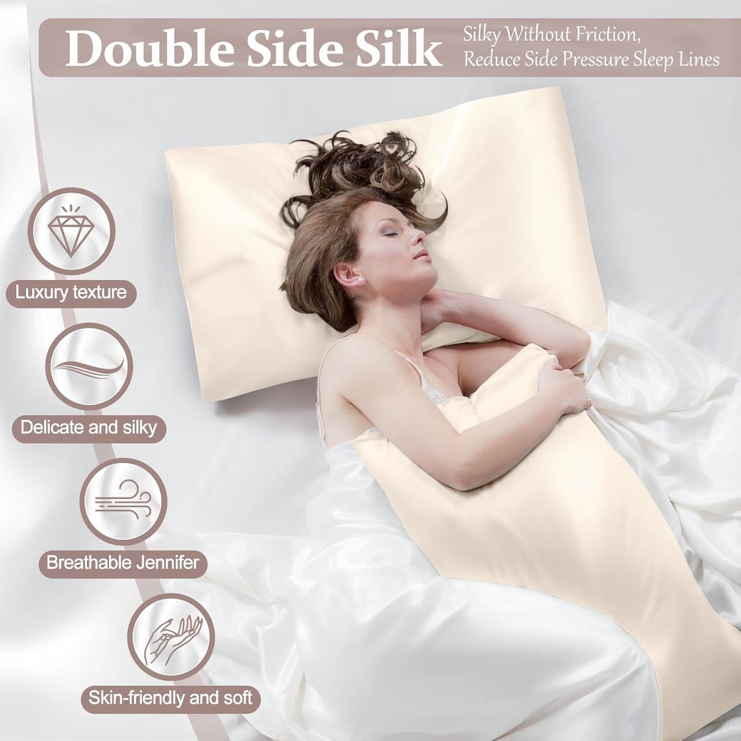 2 Pack 100% Pure Silk Pillowcase for Hair and Skin, Both Sides Mulberry Silk Pillowcases with Hidden Zipper, Cooling Pillowcase 19 Momme, 600 Thread Silk Pillow Cases Standard Size, Beige