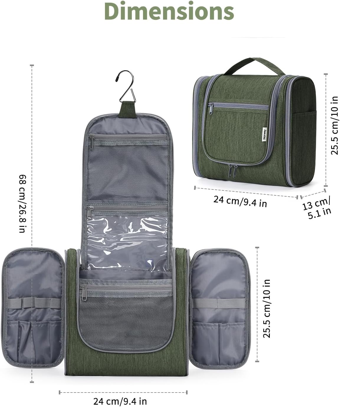 Narwey Hanging Toiletry Bag for Women Travel Makeup Bag Organizer Toiletries Bag Men for Cosmetics Essentials Accessories (Large, Army Green)