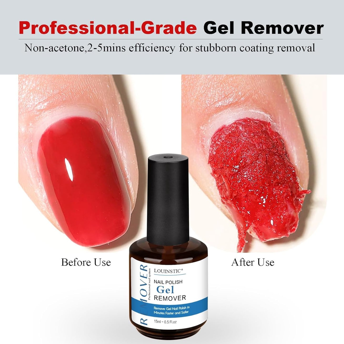LOUINSTIC Gel Polish Remover-15ml Non-Irritating Formula, 2-5 Minutes Easily Remove Gel Nail Polish, No Damage to Nails, Easy to Use, Portable for At-Home Salon,for Nail Kits
