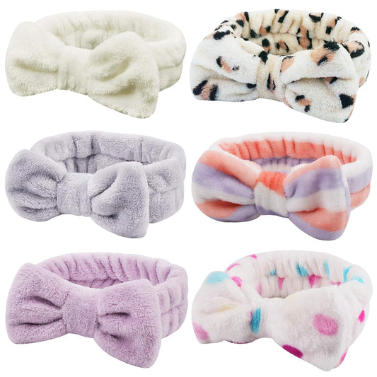 6 Pcs Spa Facial Headbands Set - Soft Fleece Headbands for Makeup, Face Washing, Skin Care, Yoga, and Shower with Bow Hair Band