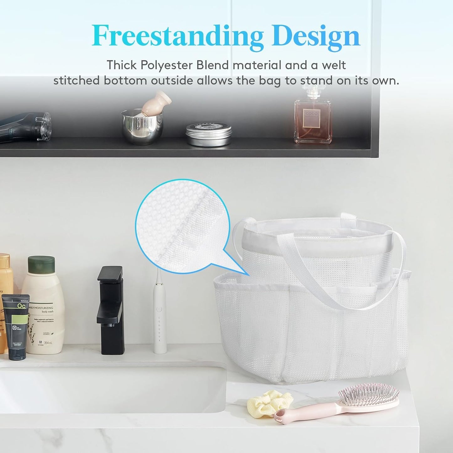 Lifewit Mesh Shower Caddy Freestanding Portable Shower Tote Bag for College Dorm, Bathroom, Gym, Travel, Quick Dry Hanging Shower Organizer with 7 Storage Pockets for Toiletry Essentials, White