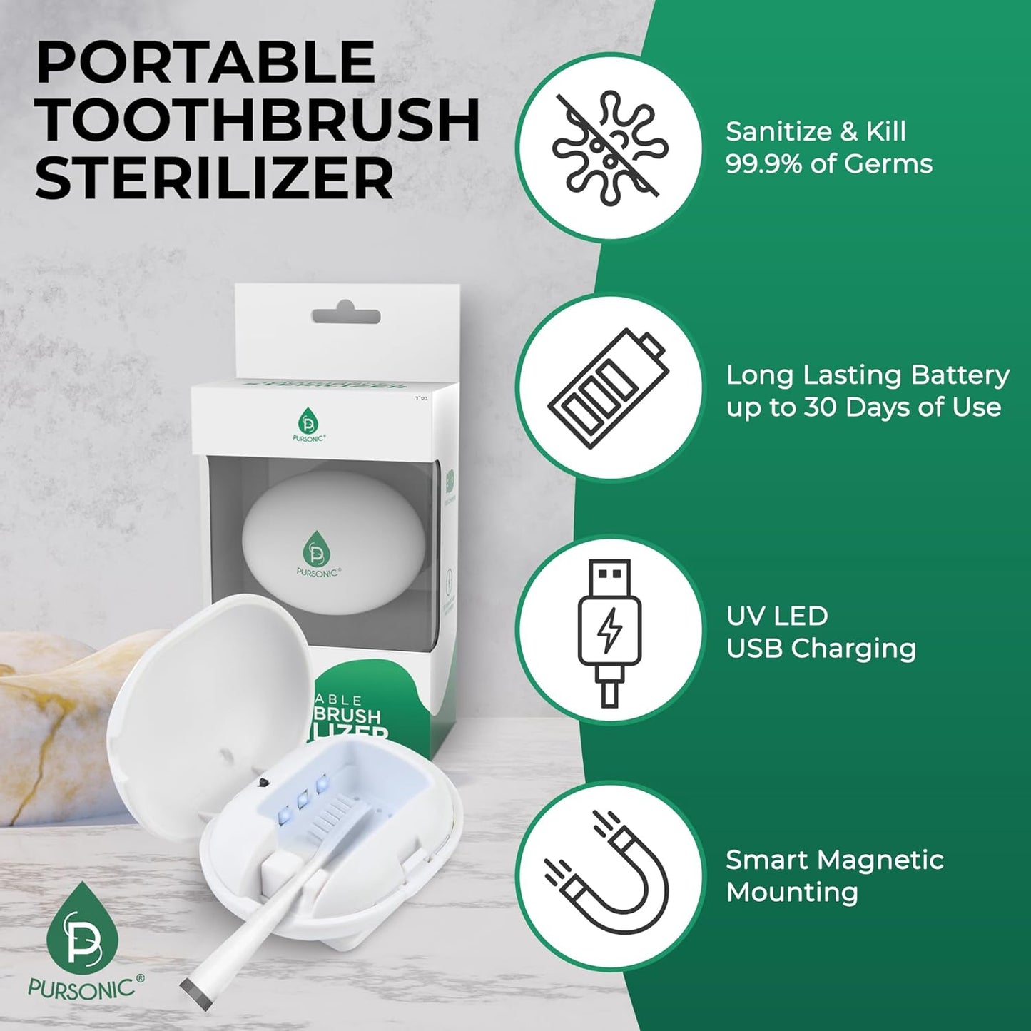 Pursonic Portable UV Toothbrush Sanitizer Case – Rechargeable Toothbrush Cleaner with UV Light & Magnetic Mounting – Compact, Hygienic & Long-Lasting (30-Day Battery) for Home & Travel (White)