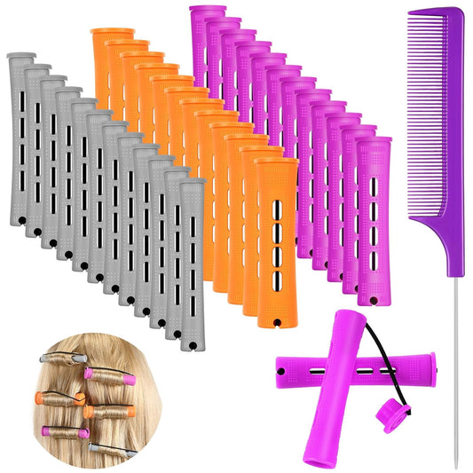 WILLBOND 36 Pieces Cold Wave Rod Hair Perm Rods Hair Rollers Perming Curlers with Steel Rat Tail Comb for Hairdressing Styling(Purple, Gray, Orange,0.87 Inch, 0.75 Inch,0.59 Inch)
