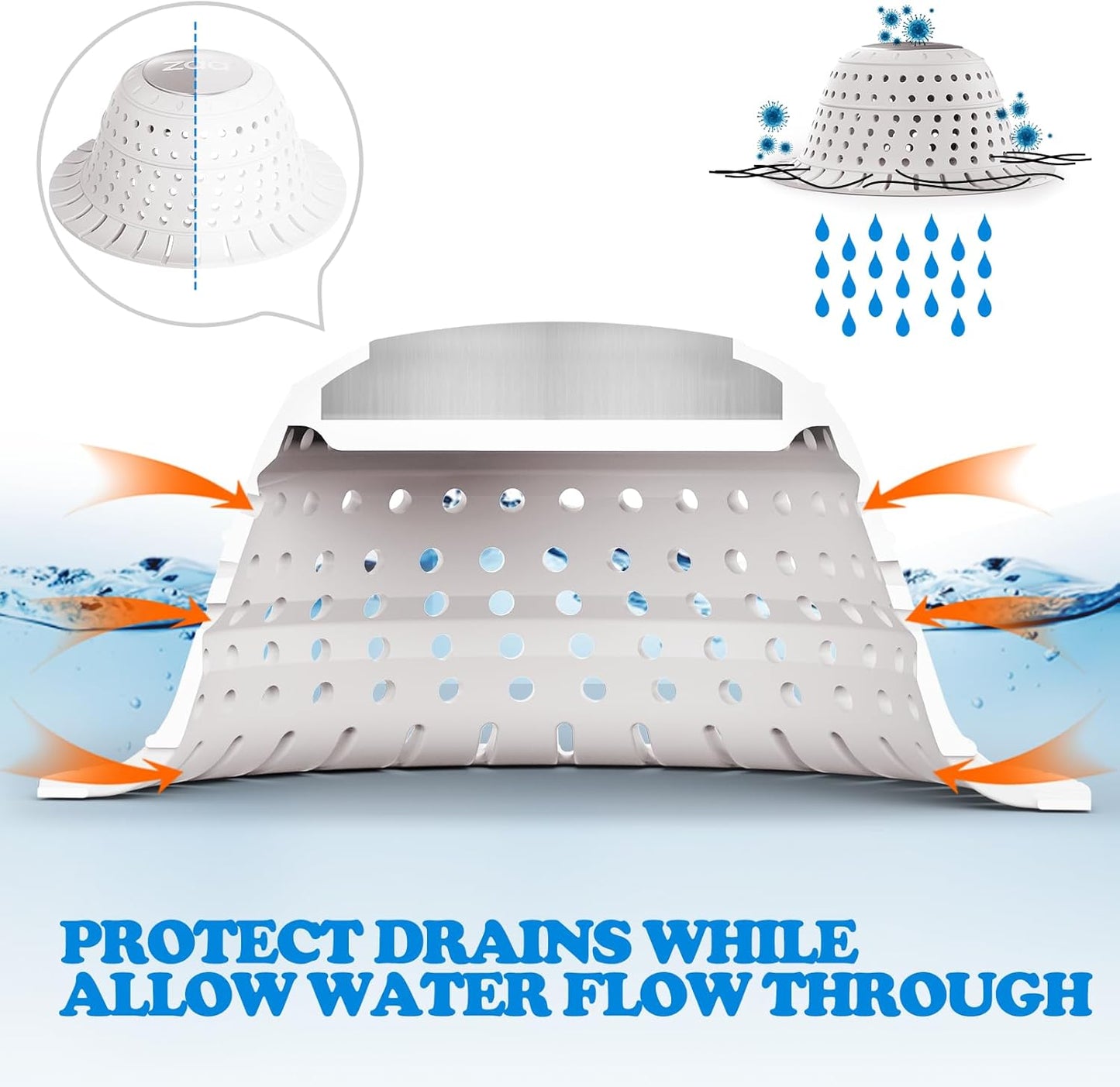 zaa Bathtub Drain Hair Catcher, Premium Silicone Collapsible 2 Pack Drain Protector for Pop-Up and Regular Drains of Shower, Bathtub, Tub, Bathroom, Sink, White