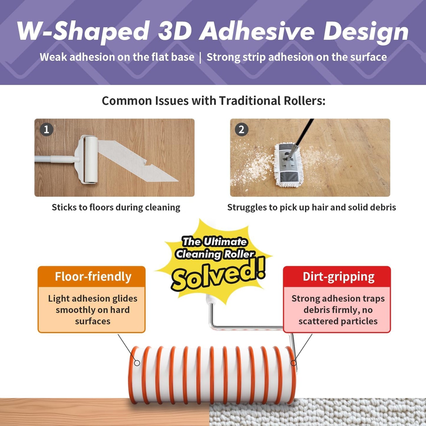 Large Lint Rollers for Pet Hair Extra Sticky for Floor, Carpet and Couch, with 3.5-Foot Adjust Handle and 100 Sheets 8X Adhesion