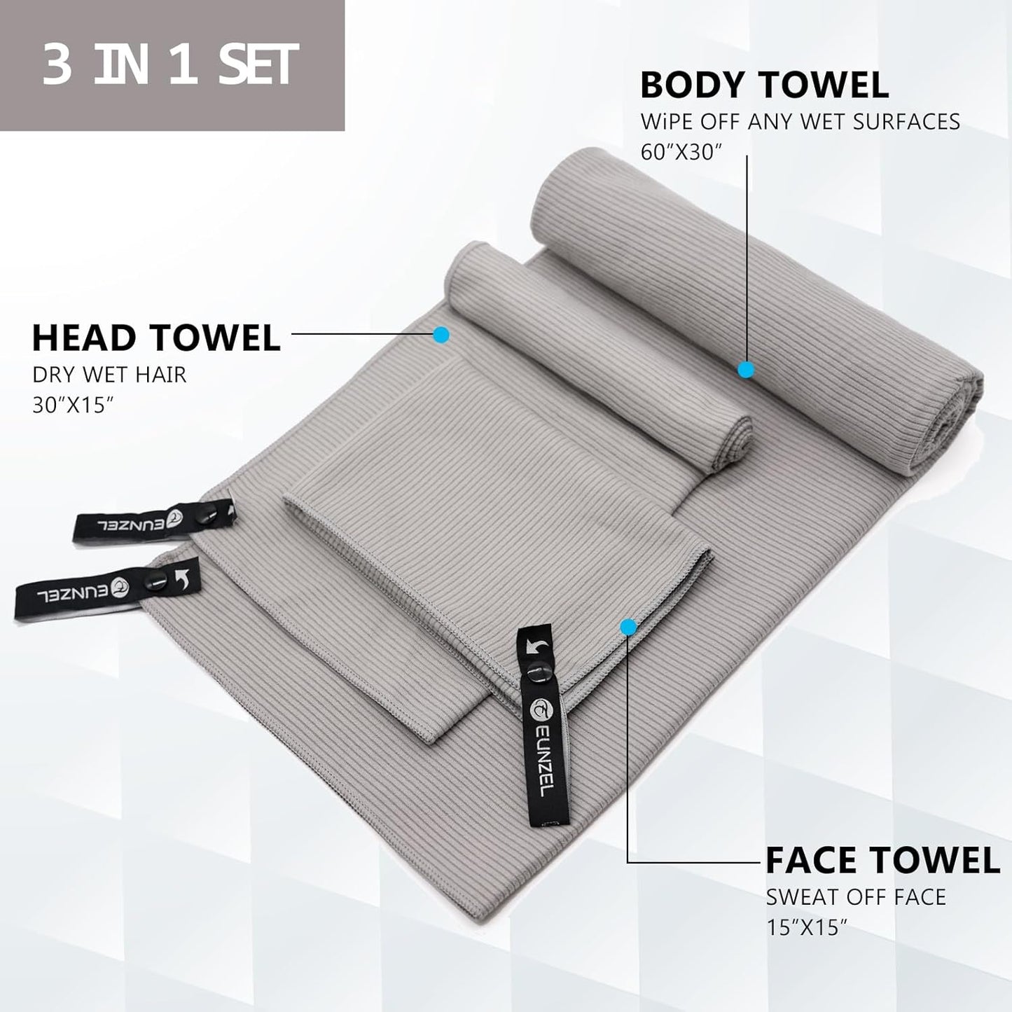 Eunzel Quick Dry Camping Towel, Microfibre Ribbed Towel Travel Towel 3 Sizes 1 Pack Fast Drying Towel Set for Camping, Beach, Gym, Sports, Yoga & Swimming Pool, Grey
