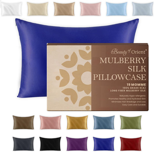 19 Momme Premium Mulberry Silk Pillowcase for Hair and Skin | Handcrafted Hypoallergenic & Anti-Acne 100% Silk Pillow Cases with Zipper | Standard - 20" x 26", Royal Navy