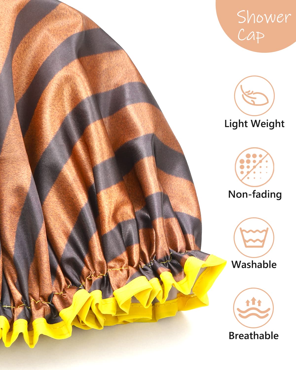 mikimini Shower Cap for Women and Men,2 Pack Double Waterproof Shower Cap for Girls and Kids, Reusable, Washable, Golden Stripes Fashionable Shower Caps Medium Pack of 2 Stripe